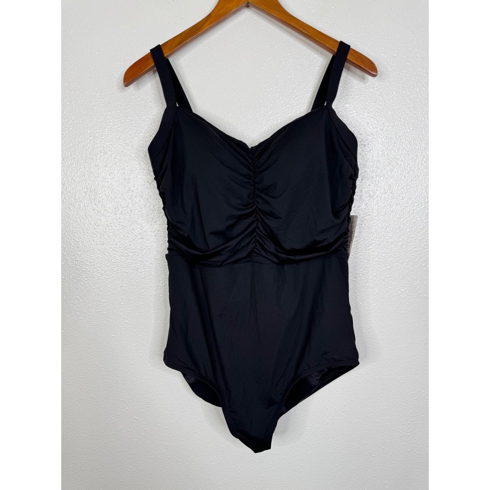 Lands End Womens Black Ruched One Piece Swimsuit Size 14 D Sweetheart Neckline